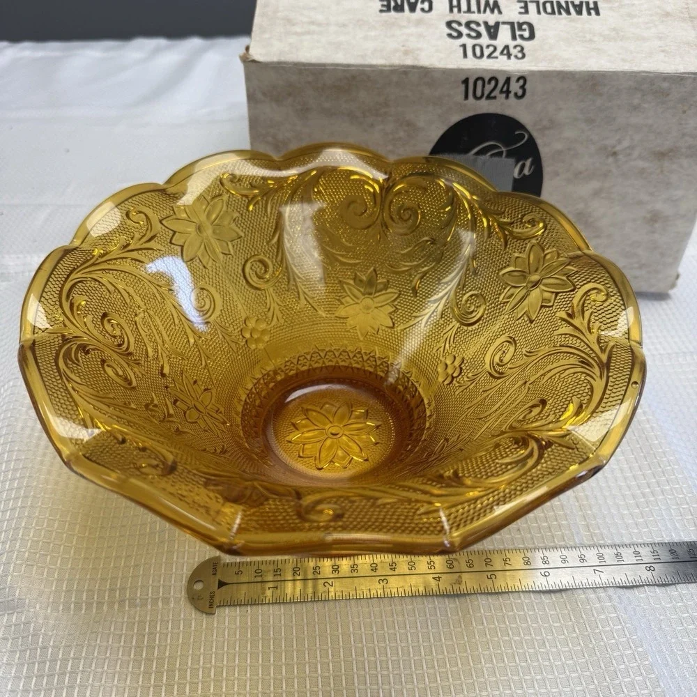 Vtg Indiana Tiara Sandwich Glass Amber/Gold Large Scalloped Pedestal‎ Bowl Box